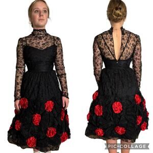 Vintage 1950s Dusauzay Black Lace Dress with Red Rosette Appliqués XS